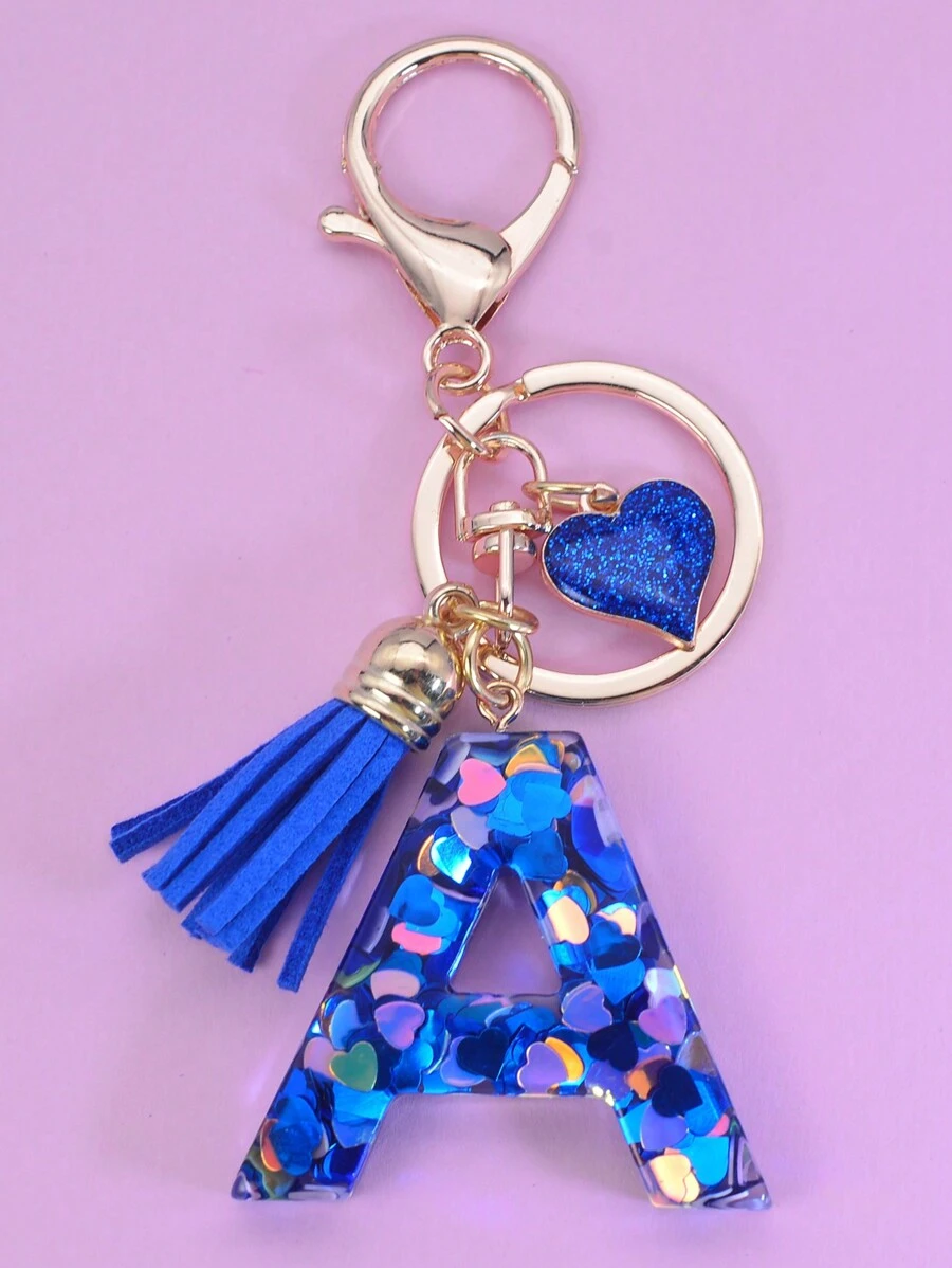 1pc English Alphabet Shaped Keychain With Blue Sequin Polyresin Heart Shape Pendant Tassel Decoration Gift Key Ring Valentine's Day Car Accessories Bag Charm School Cute Goth Y2k - Royal Blue - View 1