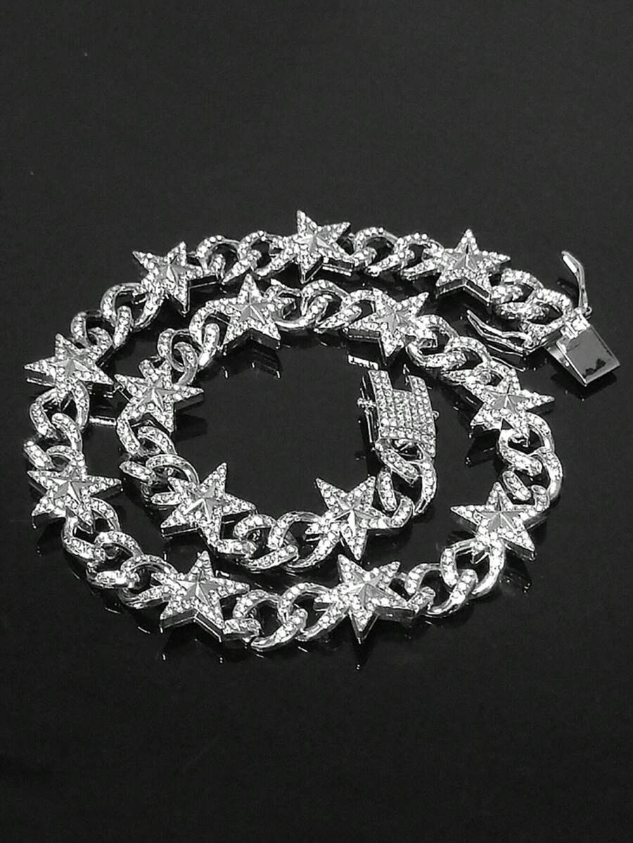 CVNANA 1 Peça Conjunto de Pulseira e Colar com Design de Estrela de Hip Hop Fashionável com Strass, Corrente de Estilo de Rua Versátil