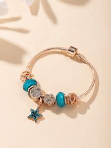 1pc Crystal & Rhinestone Flower Shaped Metallic Charm & Blue Crystal Beads & Rhinestone Starfish Pendant Copper Bracelet Women's Luxury & Lovely & Fashionable Jewelry For Dating Gift - Multicolor - View 3