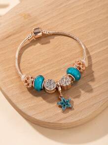 1pc Crystal & Rhinestone Flower Shaped Metallic Charm & Blue Crystal Beads & Rhinestone Starfish Pendant Copper Bracelet Women's Luxury & Lovely & Fashionable Jewelry For Dating Gift - Multicolor - View 1