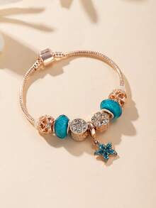 1pc Crystal & Rhinestone Flower Shaped Metallic Charm & Blue Crystal Beads & Rhinestone Starfish Pendant Copper Bracelet Women's Luxury & Lovely & Fashionable Jewelry For Dating Gift - Multicolor - View 2
