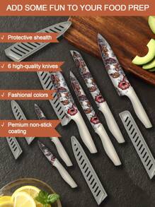Marco Almond MA68 12-Piece Kitchen Knives Set, Colorful And Fashionable Coated Stainless Steel Knives With White Blade Guards, 6 Knives With 6 Knives Sheath