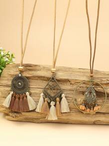 HANQI 3入組波希米亞風圓形和鑽石形合金吊墜啡色長項鏈套裝,彩色扇形流蘇,簡單時尚的個性化配飾,適合女性的日常生活、工作、街頭風格穿搭 - 彩色 - 查看 2