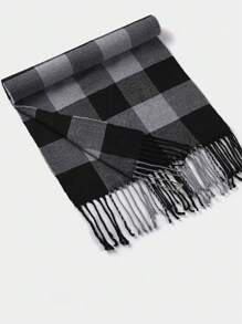 1pc Simple Grid Pattern Tassel Men's Scarf New Thick Warm Couple Neck Wrap For Autumn/winter - Grey - View 2