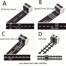 1.89*196.85英寸交通鐵路和紙膠帶,交通鐵路列車道路設計紙張,創意diy相簿貼紙標籤工藝美工膠帶,適用於汽車遊戲、生日裝飾 - B - 查看 3