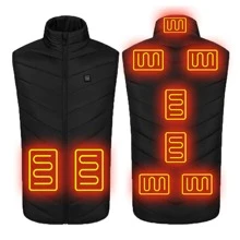 1pc Men's Solid Color 9-zone Heat Vest For Winter Outdoor Activities With Zipper, Single Switch Control, Including Usb Data Cable But No Power Supply - Black - View 2