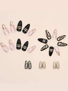1盒24入裝暗琥珀色&金箔&閃閃發光可穿戴式假指甲,獨特的的女孩甜美風指甲藝術 - 黑色 - 查看 2