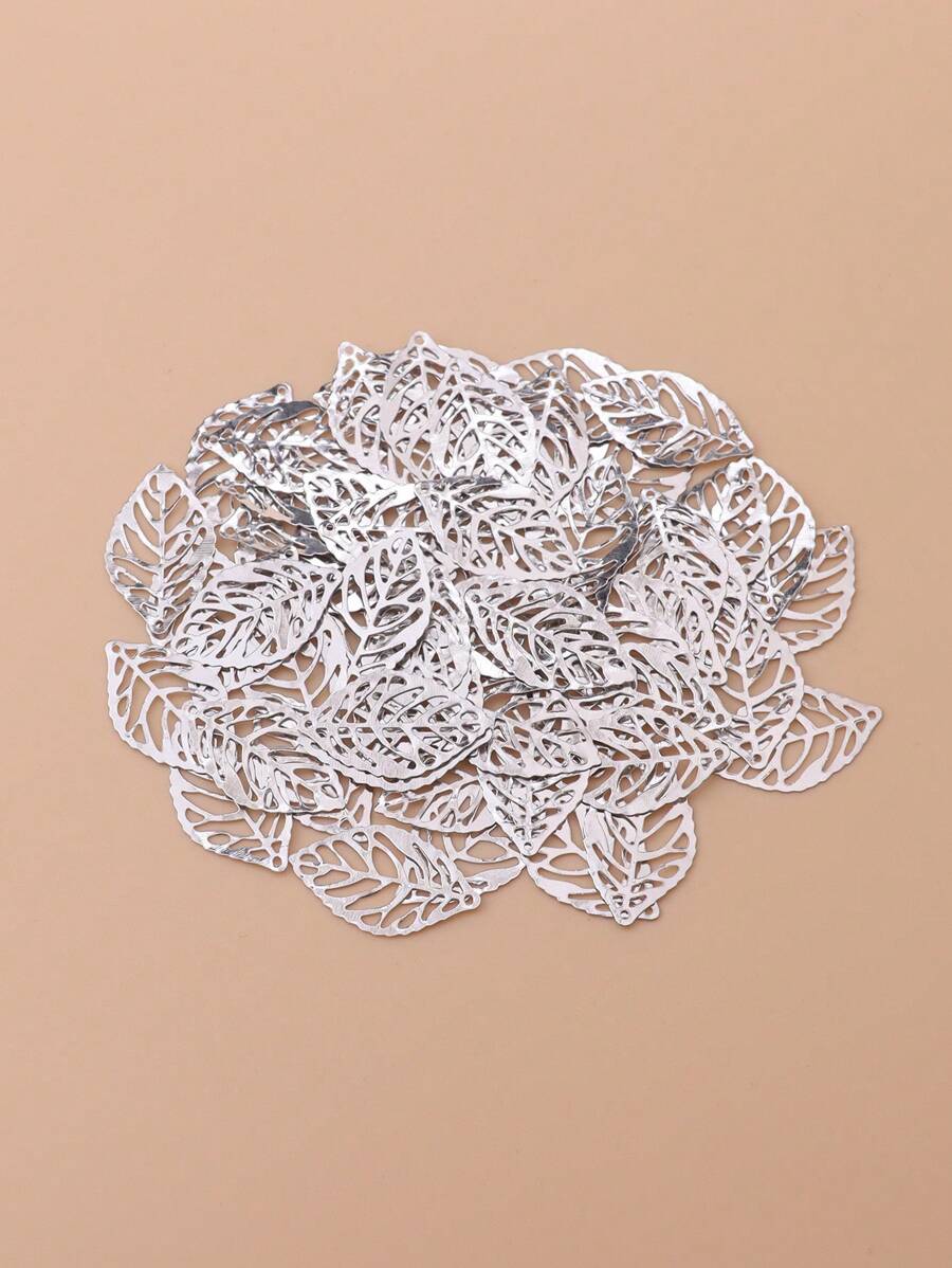 100 件时尚 3D 金属装饰花瓣配件，DIY 手工空心叶子复古吊坠用品 - 暗銀色 - 查看 1