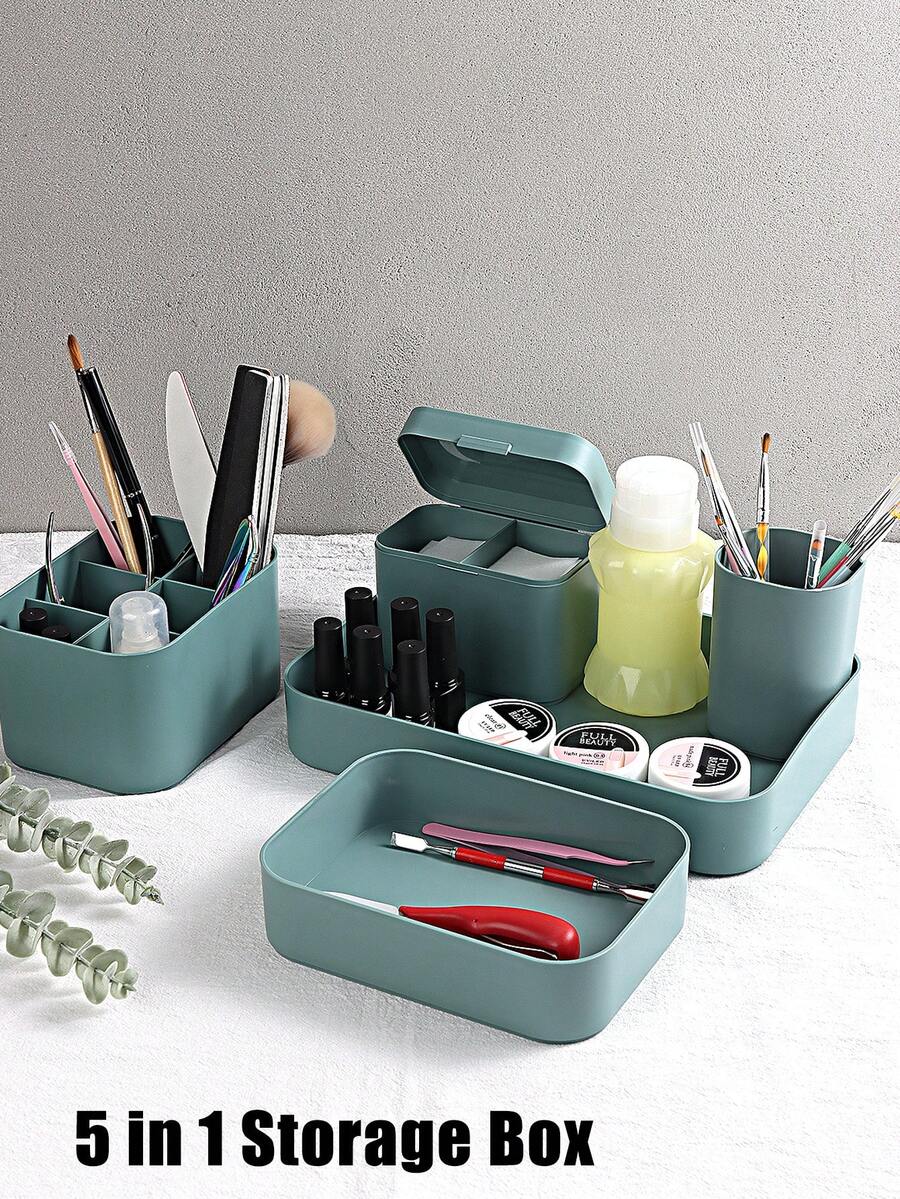 亮面綠色5合1美容修甲收納盒,可放置指甲油,筆筒,美甲工具(不包含其他工具,僅收納盒)
