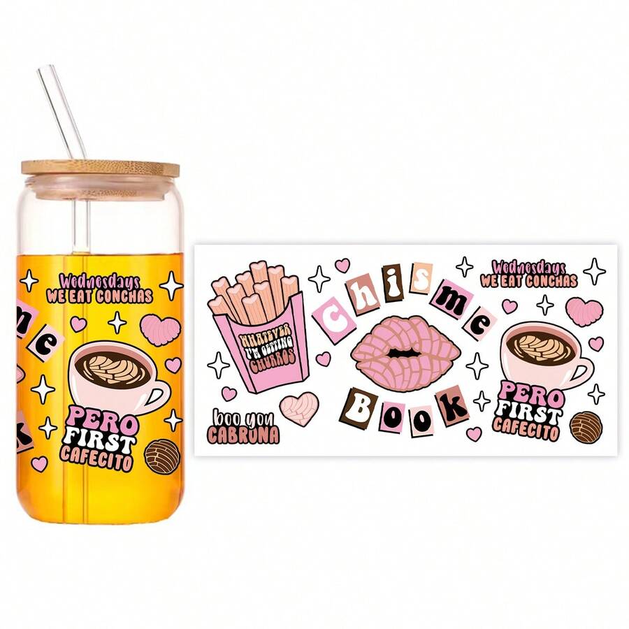 1入組9.5英寸*4.5英寸uv Dtf咖啡設計貼紙,16oz Libbey玻璃杯diy包裝轉印貼紙,玻璃杯防水貼紙,瓶貼紙黏貼貼紙 - 彩色 - 查看 1