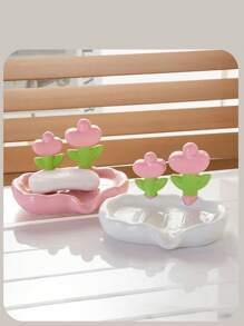 1pc Bathroom Flower Shaped Soap Dish, Self-adhesive Soap Case For Hand Wash Sink - Pink - View 5