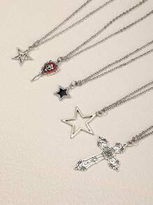 5pcs/Set Y2k Vintage Gothic Punk Rock Style Star & Rhinestone Inlaid Cross & Butterfly Pendant Necklace With Stainless Steel Chain