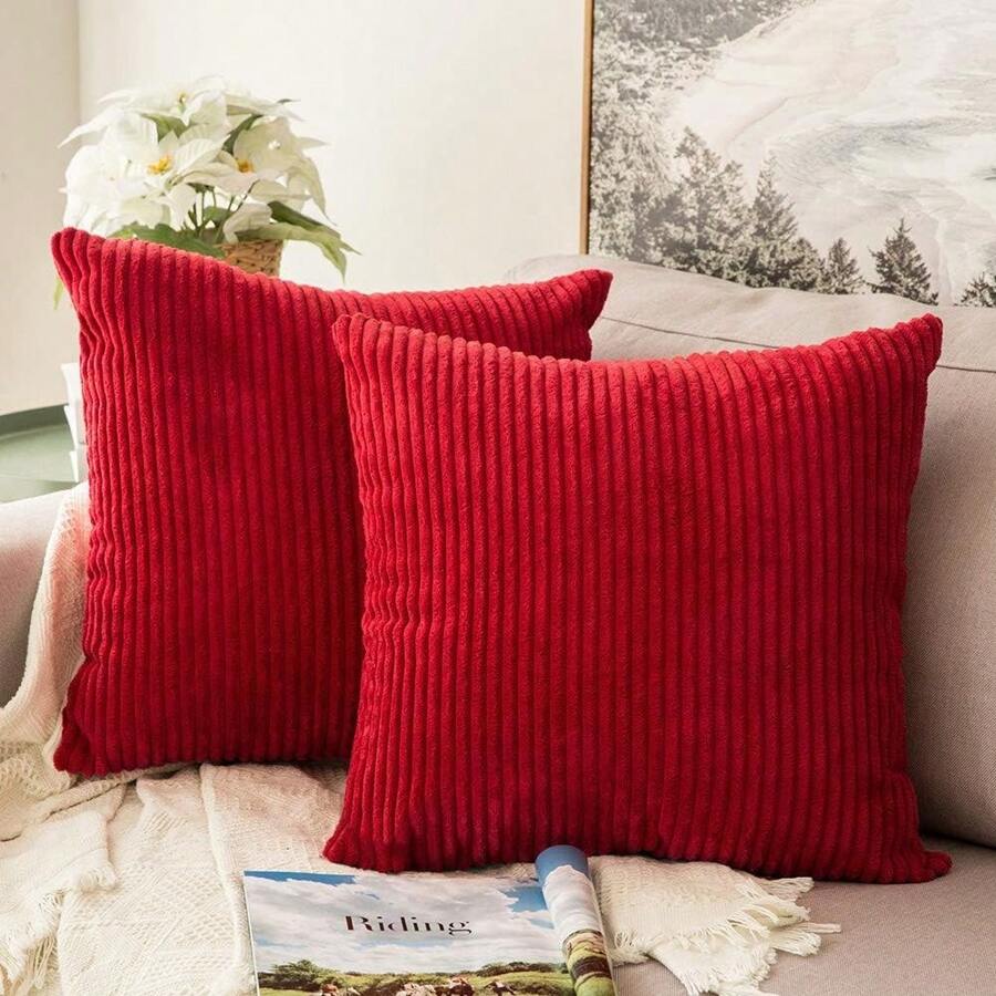 1pc Corduroy Striped Pillowcase - Red - View 1
