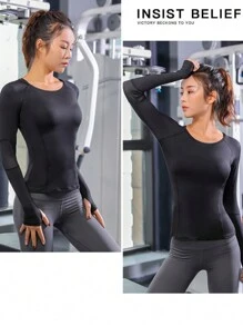 1pc Black Autumn/Winter Quick Drying Sports Long Sleeve Yoga Top For Women, Tight Fit & Backless Fashion Basic T Shirt