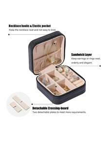 1個時尚便攜式pu皮質珠寶收納盒,適合存放耳環,項鍊,戒指等,很適合旅行和送禮,迷你而精美的設計 - 黑色 - 查看 5