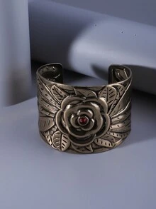 1條復古優雅的紅寶石鑲嵌玫瑰形寬手鐲,適用於節日、生日、約會、派對、婚禮、假期和購物 - 銅色 - 查看 2