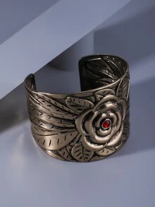 1條復古優雅的紅寶石鑲嵌玫瑰形寬手鐲,適用於節日、生日、約會、派對、婚禮、假期和購物 - 銅色 - 查看 3