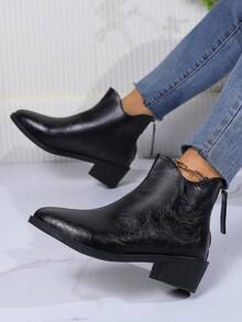 秋冬新款英式粗跟靴,皮革紋理中跟,後拉鍊指向女士短靴,時尚復古 - 黑色 - 查看 5