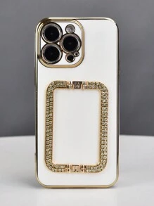 1pc Electroplated Diamond Studded Button Bracket Black/Purple/Pink/White/Green/Blue Plating Phone Case With Hidden Bracket Shaking Protection Ultra-Thin Shell Anti-Fall Cover Camera Lens Full Protection Soft Phone Case For Iphone7/8/11/12/13/14/15/X/Xr/Xs/Plus/Pro/Pro Max/Se2/Mini Series - White - View 3