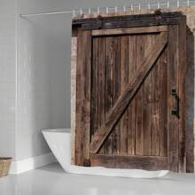 4件/套復古懷舊木門浴簾原始鄉村農舍棕色木質浴室裝飾防滑浴室地毯衛生間地毯12個掛鉤71x71英寸