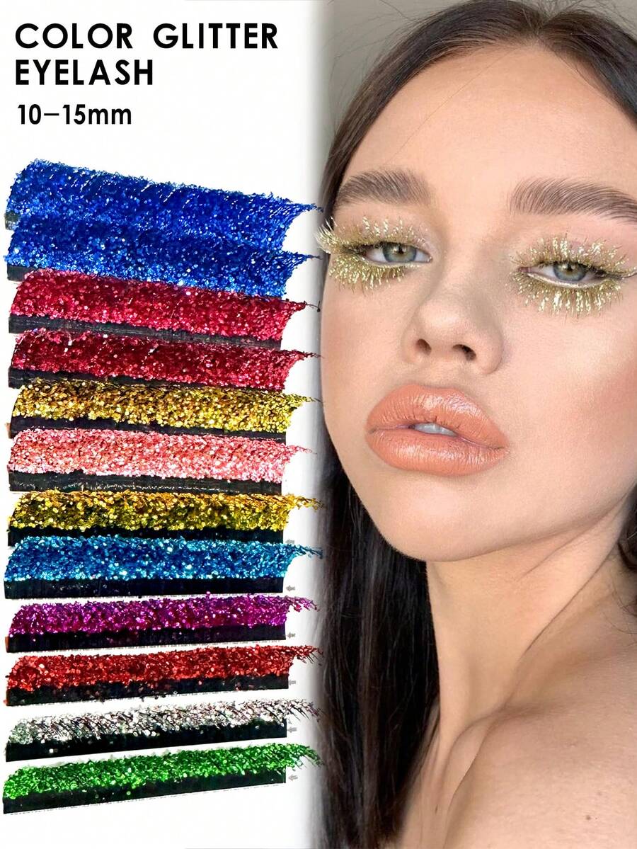 1盒閃閃發亮密集編排混色假睫毛,派對閃亮睫毛,10-15mm - 彩色 - 查看 1