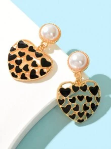1pair Retro Black Enamel Heart Decor Hollow out Gold Heart Dangle Earrings for Women Party Daily Jewelry - Black - View 1
