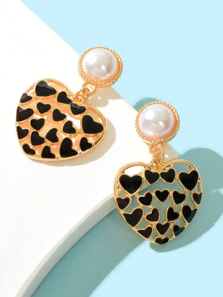 1pair Retro Black Enamel Heart Decor Hollow out Gold Heart Dangle Earrings for Women Party Daily Jewelry - Black - View 1