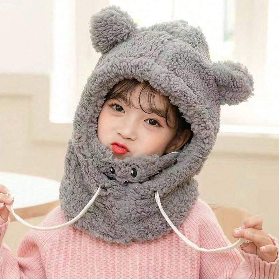 1pc Unisex Cute Bear Ear Protection Hat With Mouth Muffle & Scarf Design, Thick Warm Winter Hat For Baby, Suitable For Daily Wear - Grey - View 1