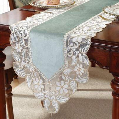 1 件 100% 涤纶面料精致 3D 刺绣蕾丝花边家居装饰、橱柜围巾、厨房餐桌旗、餐垫、室内外节日装饰、野餐、派对、婚礼系列桌旗