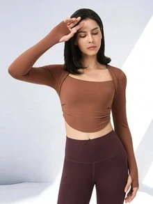 Sodalemon 2合1披肩領跑步健身瑜珈運動長袖t卹,具有褶皺腰身設計 - 摩卡棕 - 查看 4