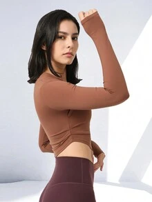 Sodalemon 2合1披肩領跑步健身瑜珈運動長袖t卹,具有褶皺腰身設計 - 摩卡棕 - 查看 3