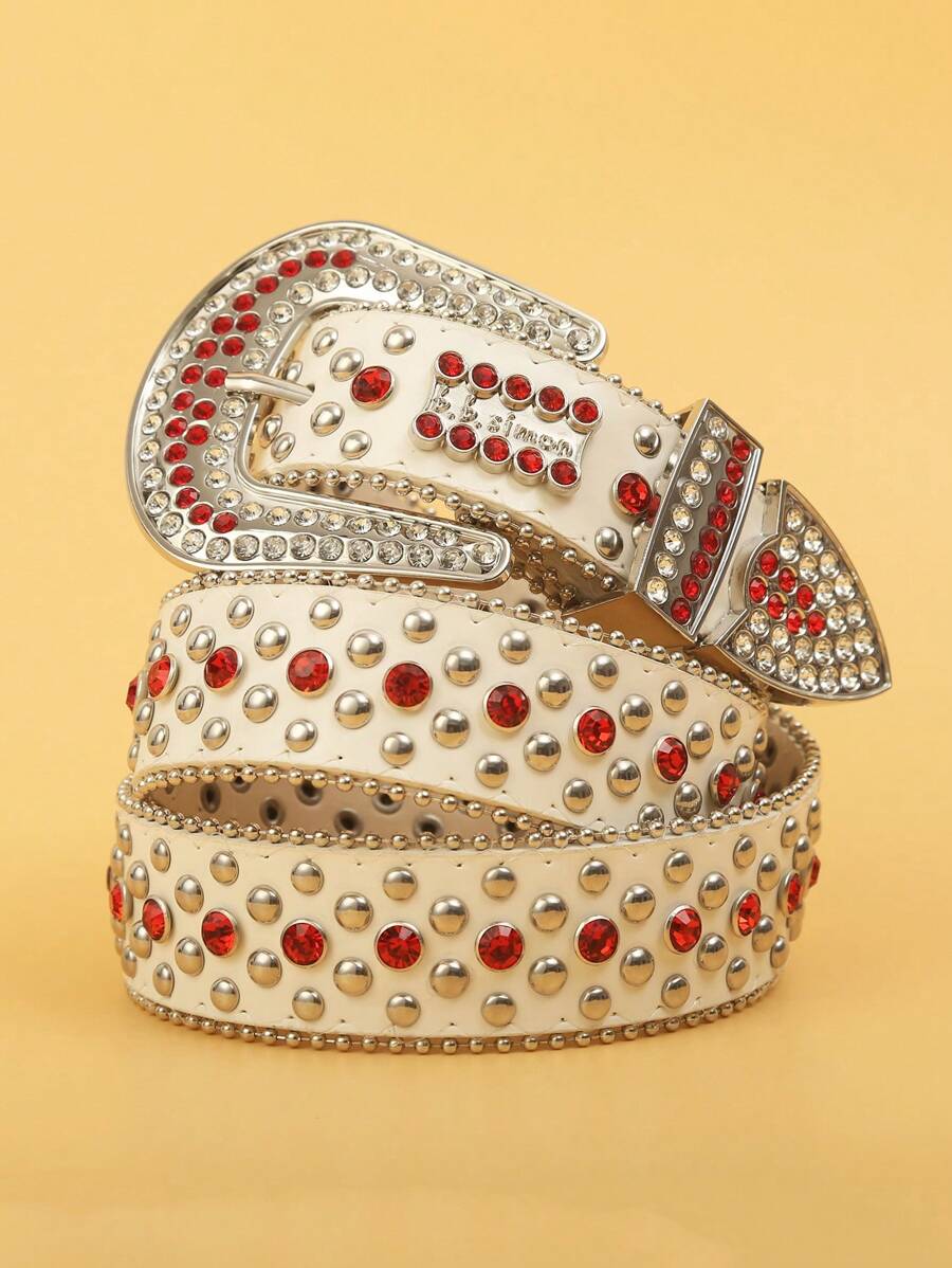 1 件女士时尚 PU 腰带金属铆钉、水钻、方形针扣和大扣，非常适合个性化街头、摇滚、朋克、嘻哈、日常、节日、圣诞节、万圣节派对 - 白色 - 查看 1