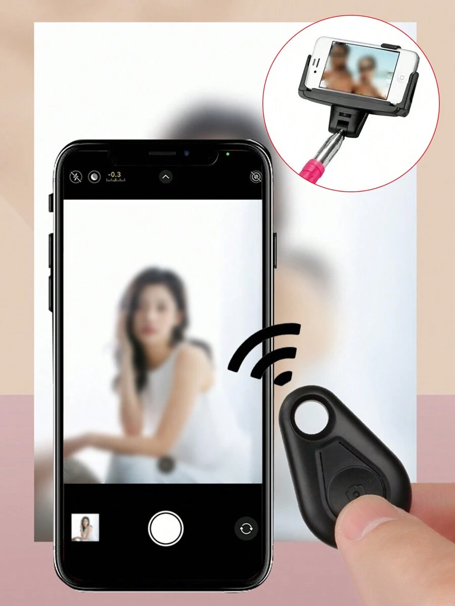 迷你蓝牙遥控器按钮无线控制器自拍自拍杆快门释放兼容 Android，10 米遥控距离，不含电池 - 黑色 - 查看 1