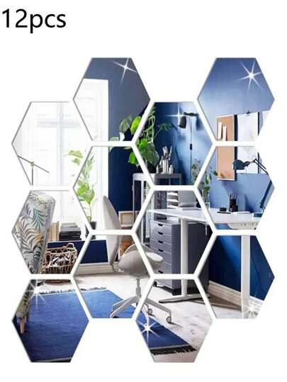 12pcs/Set 3D Hexagonal Acrylic Mirror Wall Sticker DIY Art Wall Decoration Sticker Home Decoration Living Room Mirror Decoration Sticker Room Decor Wall Mirror Mirror For Room Bathroom Decor Living Room Decor
