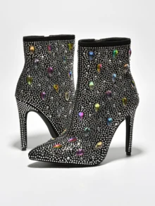 Gemgem Women's Rhinestone Gems Pointy Toe Heeled Boots - Silver - View 4