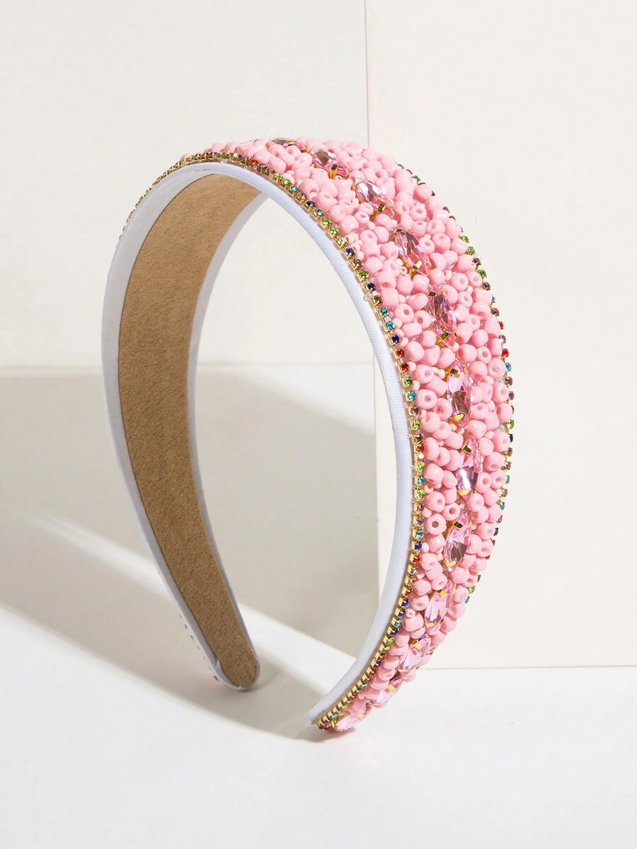 1 件裝女孩粉紅玉米珠和寶石裝飾派對頭帶