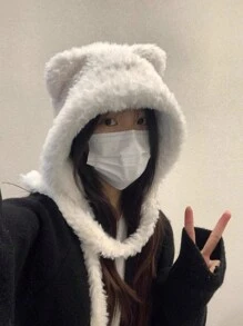 女士可愛熊耳絨毛帽,秋冬季節必備,塑臉 - 白色 - 查看 2