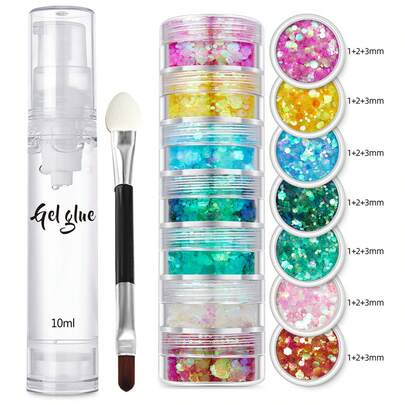 Set De 3 Piezas (7 Colores De Purpurina + 1 Botella De Gel + 1 Cepillo) Rojo Rosa Amarillo Azul Verde, Purpurina De Gel De Colores Múltiples Perfecta Para Maquillaje De Cuerpo, Cabello, Rostro, Ojos, Labios Y Uñas Para Bricolaje. Adecuado Para Festivales, Carnavales, Conciertos, Fiestas Y Como Accesorios De Belleza. Seca Rápidamente, Es Amigable Con La Piel, No Es Grasiento Y Fácil De Limpiar