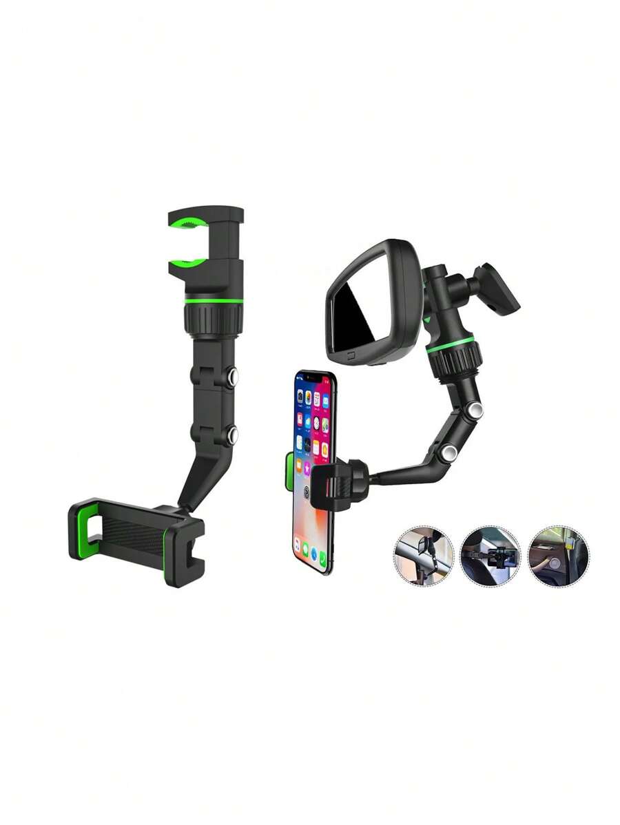 1pc Universal Car Phone Holder 360 Degree Rotation Rearview Mirror Seat Back Clamp Bracket Multi-functional Gps Mobile Phone Stand - Black - View 1