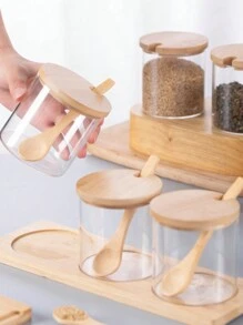 3pcs/Set Kitchen Glass Seasoning Bottle, Salt Sugar Spice Bottle Set With Bamboo Lid And Tray - Multicolor - View 4