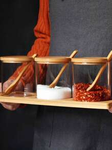 3pcs/Set Kitchen Glass Seasoning Bottle, Salt Sugar Spice Bottle Set With Bamboo Lid And Tray - Multicolor - View 1