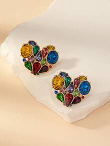 1pc European And American Fashionable Colored Heart-shaped Rhinestone -like Versatile Earrings Suitable For Everyday Wear - Colorful - View 4