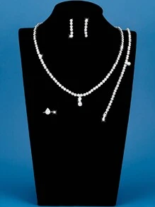 DV JEWELRY 5入組人工鋯石白色鍍金豪華珠寶套裝,包括項鍊、手鏈、耳環、開放式戒指,具有禮品盒包裝,非常適合約會、派對、紀念卡