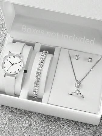 女士时尚皮革表带石英手表带小表盘 + 珠宝套装（6 件/套）节日作为返校学生的礼物