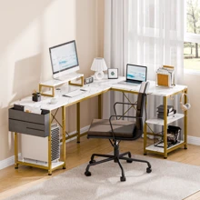 GIKPAL Reversible Computer Desk, L Shaped Desk Office Desk With 3 Shelves,Monitor Stand,Storage Bag,Hooks For Home Office - trắng - Xem 1