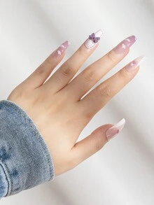 24入組中長棺材形3d假甲,淡紫色配蝴蝶結設計,適合派對,附有啫喱膠、甲板和棒子 - 彩色 - 查看 2