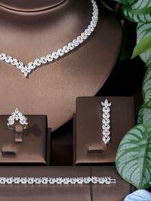1 套簡約方晶鋯石菱形裝飾珠寶套組適合女士旅行時配戴 - 銀色 - 查看 3