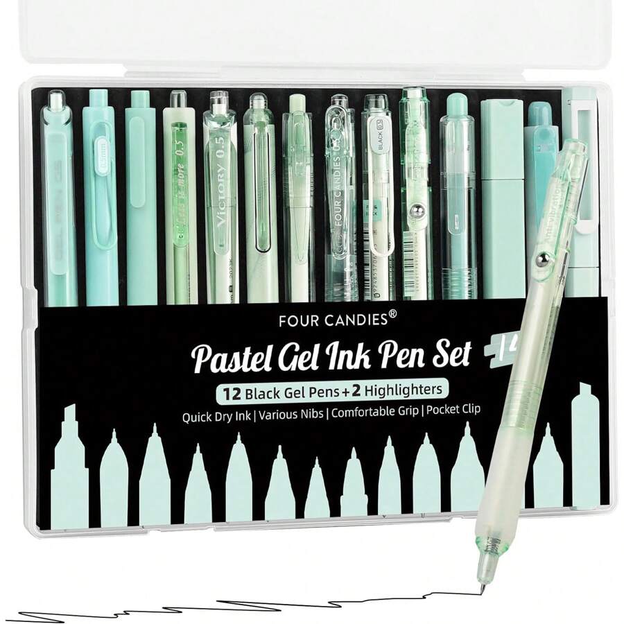Gel Ink Pen Set,14PCS Pen Set With Case,Cute Note Taking 0.5mm Fine Point Retractable 12PCS Black Ink Pens With 2 Highlighter For School,Note Taking,Writing,Office Supplies,Suitable For Junior High School Primary School Boys And Girls College Student - 綠色 - 查看 1