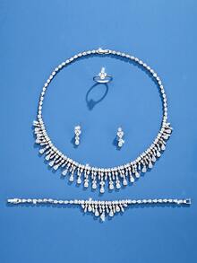 DV JEWELRY 5入組人工鋯石白色鍍金豪華珠寶套裝,包括項鍊、手鏈、耳環、開放式戒指,具有禮品盒包裝,非常適合約會、派對、紀念卡