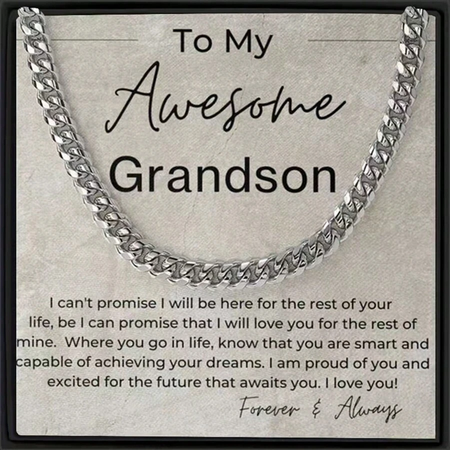REEBONZ 給我的孫子不鏽鋼男士鍊式項鍊禮物套裝，配有賀卡和禮品盒，適用於聖誕節/生日，孫子禮物